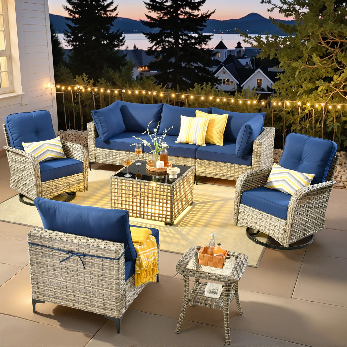 Navy Blue 8 Pieces Wicker Patio Furniture Set T99144