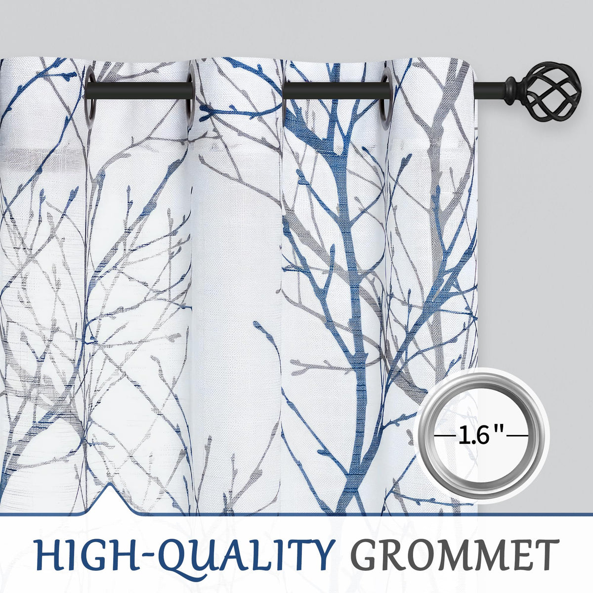 Linen Blue White Semi Sheer Curtains 84 Inch 1 Panel T8860