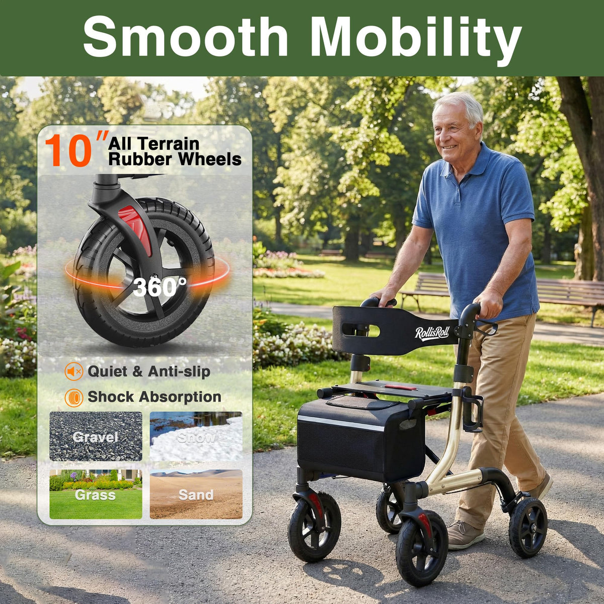 Foldable Aluminum Rollator Walker with Seat and 10" Wheels M5236
