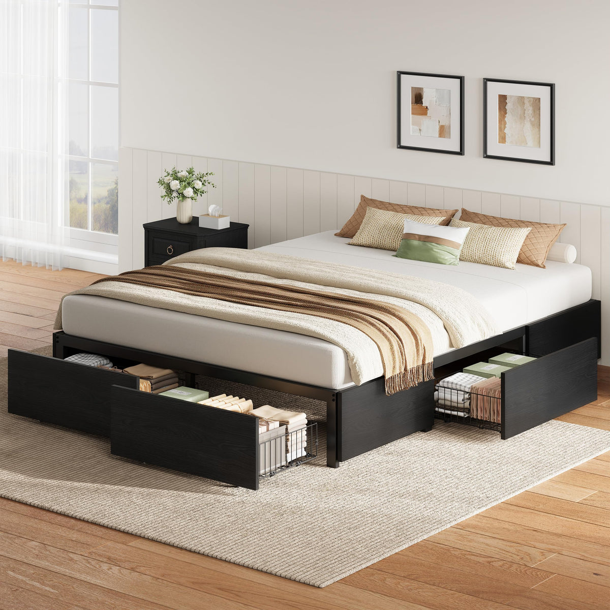 Queen Bed Frame with 4 Storage Drawers, Black F850