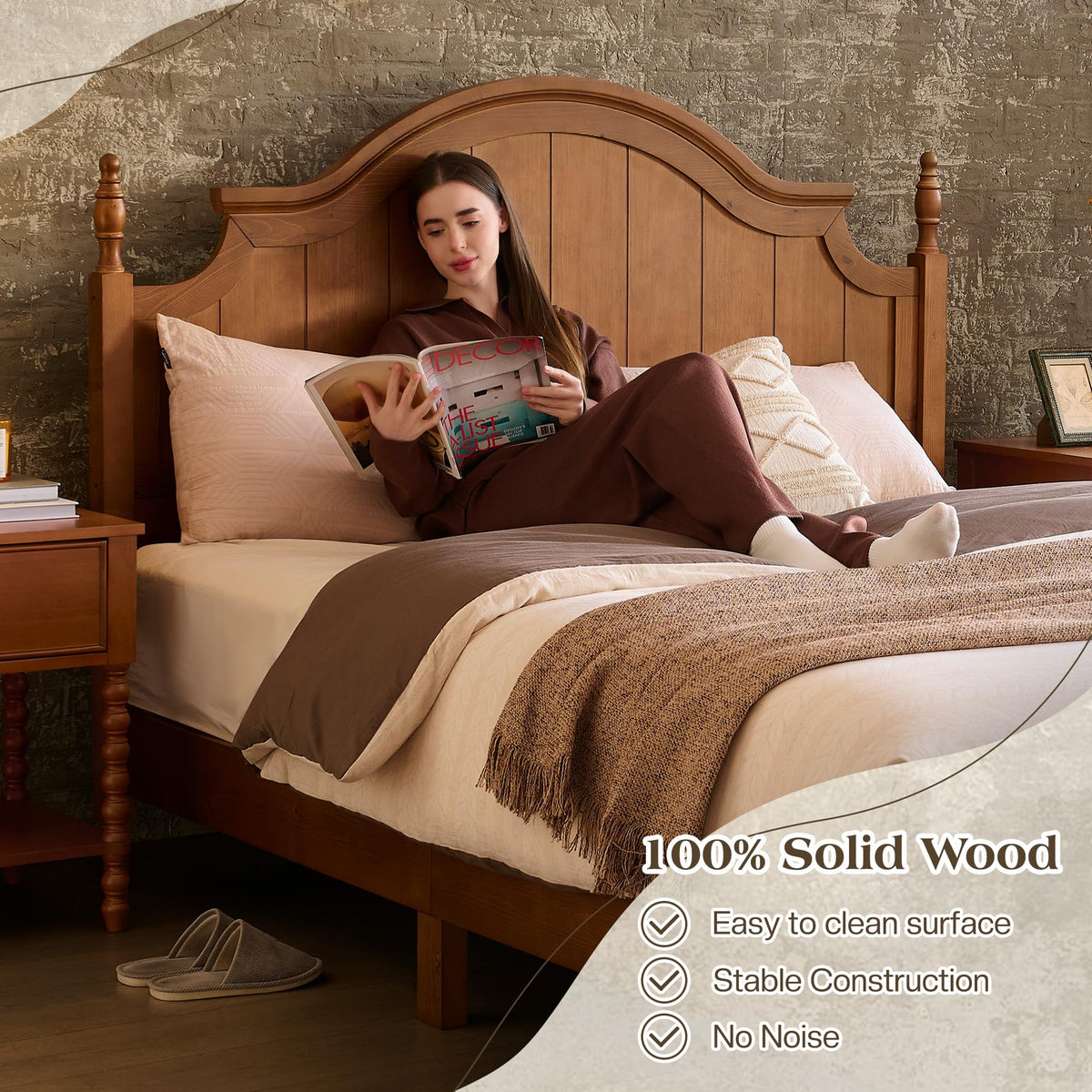California King Solid Wood Arched Headboard Bed D450