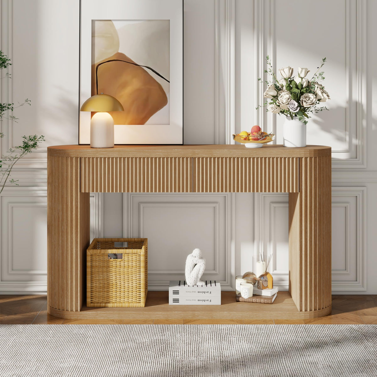 Fluted Console Table 2 Drawers Wood Natural Z953136