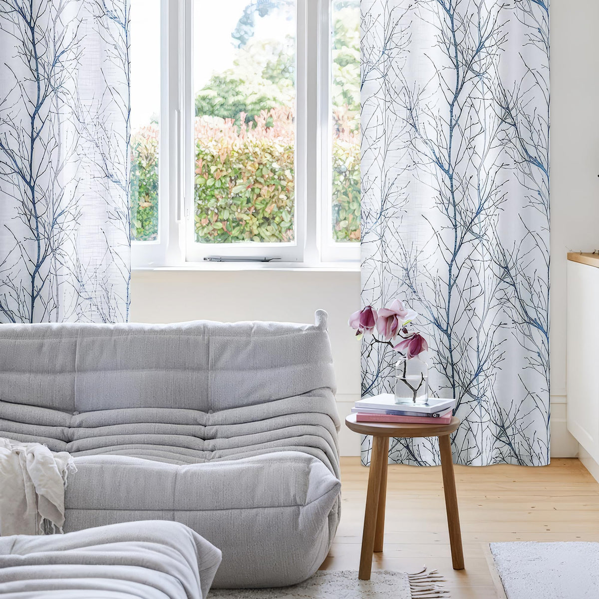 Linen Blue White Semi Sheer Curtains 84 Inch 1 Panel T8860