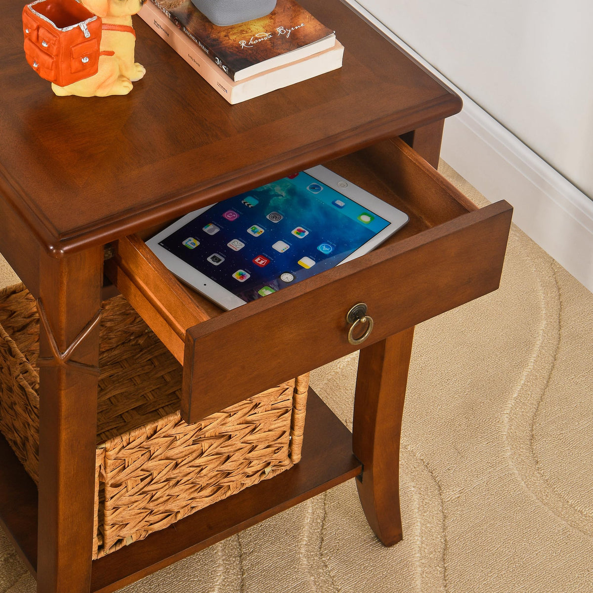 Small Solid Wood Side End Table with Drawer and Storage Shelf G8930